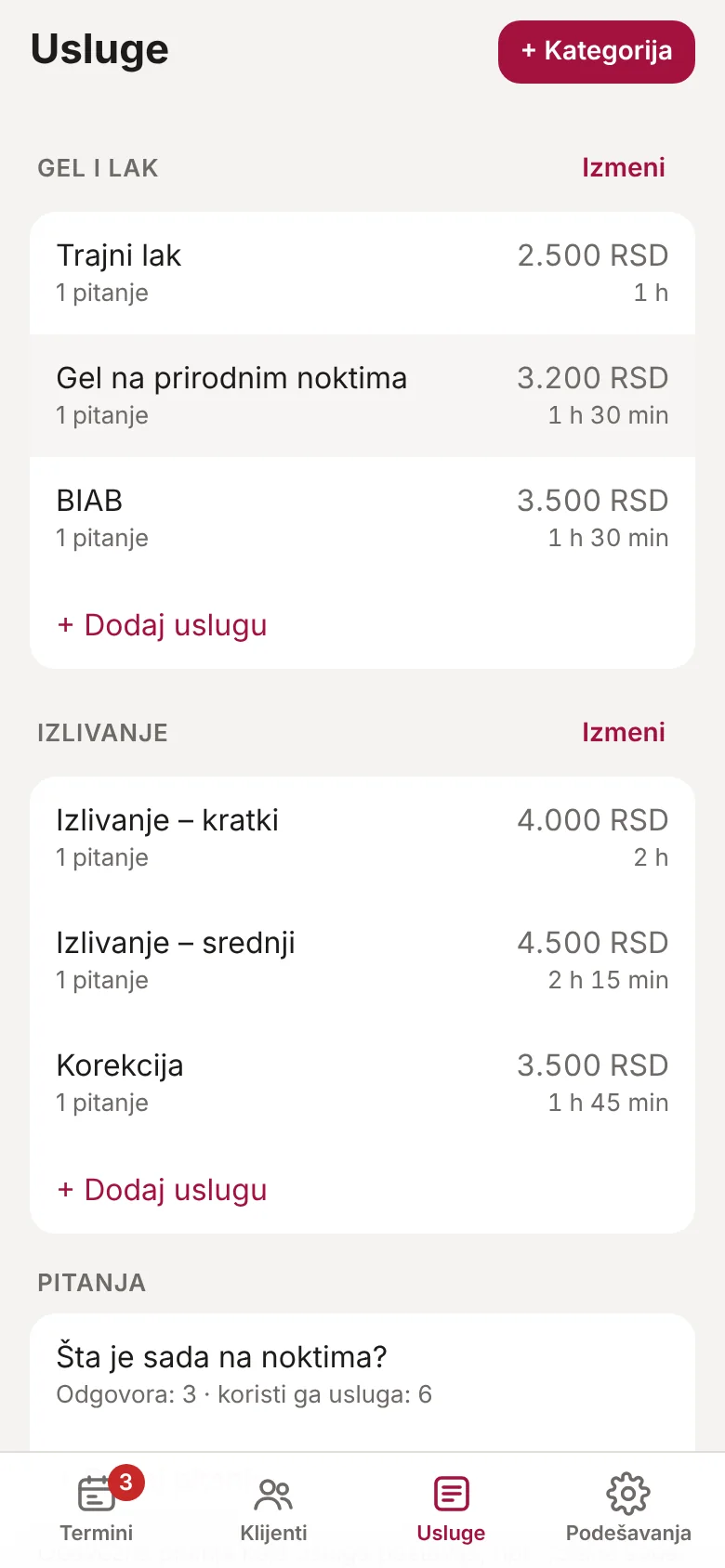 Usluge po kategorijama sa cenom i trajanjem