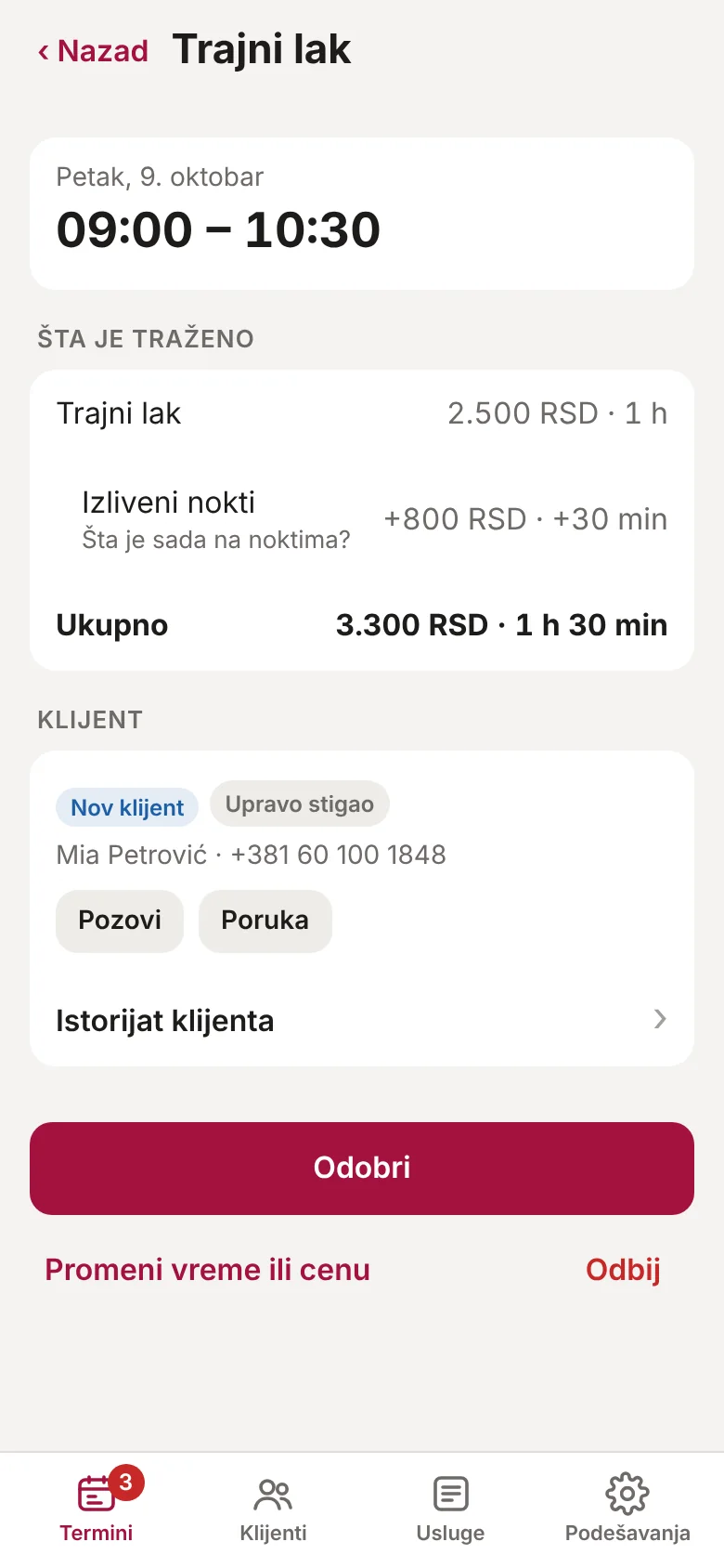 Zahtev u Frontdesk-u sa dugmadima Odobri, Promeni vreme ili cenu i Odbij
