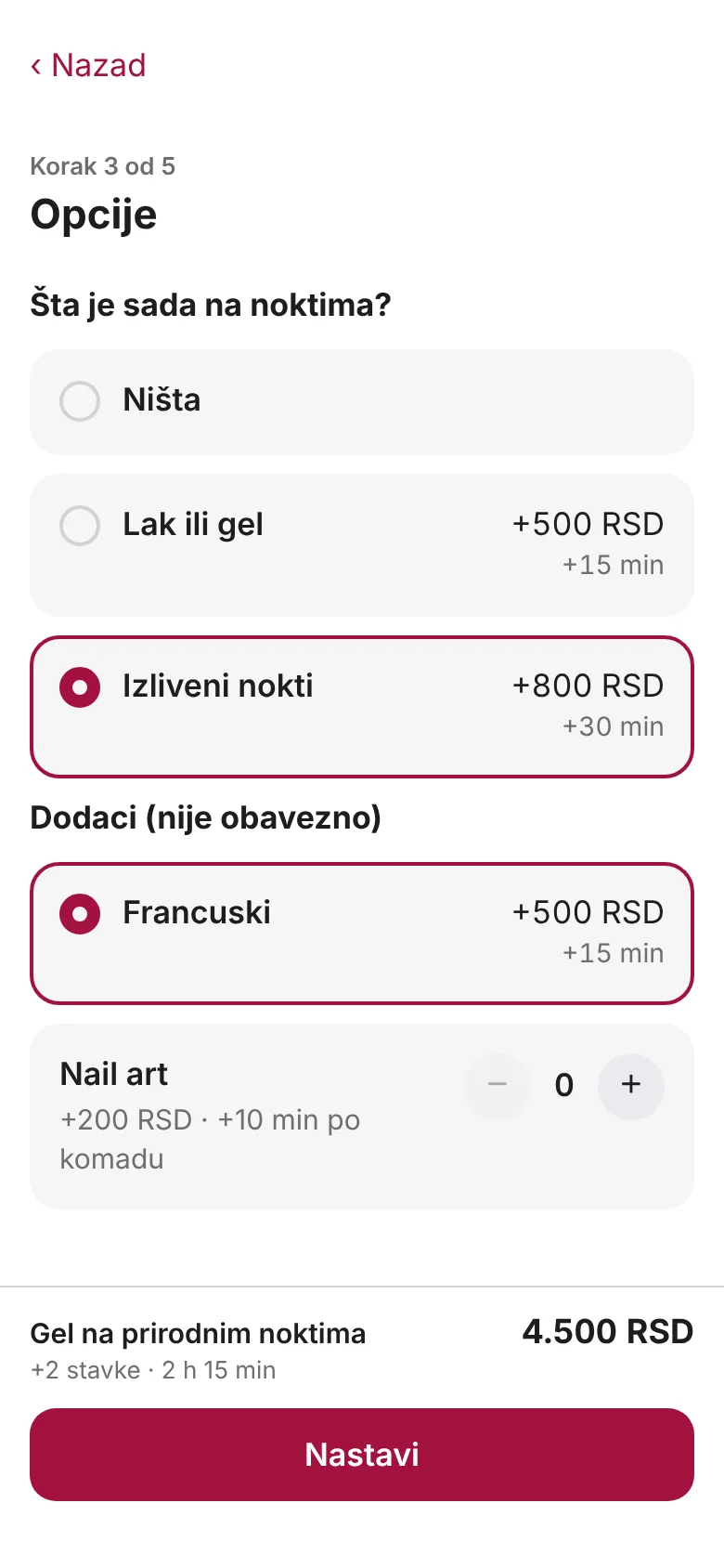 Opcije usluge: pitanje o trenutnom stanju noktiju i dodaci sa cenom