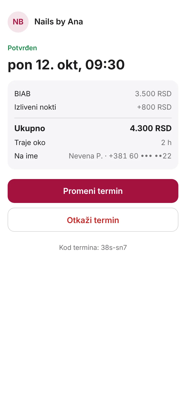 Stranica termina: potvrđen, vreme, stavke, sakriveno ime i broj, dugmad za promenu i otkazivanje